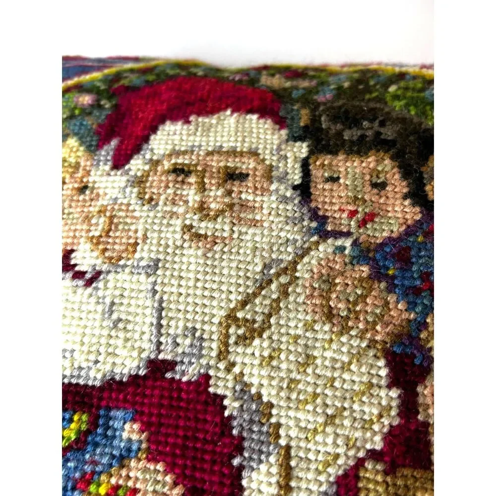 Vintage Santa Claus & Children Red Velvet Colorful Needlepoint Christmas Pillow